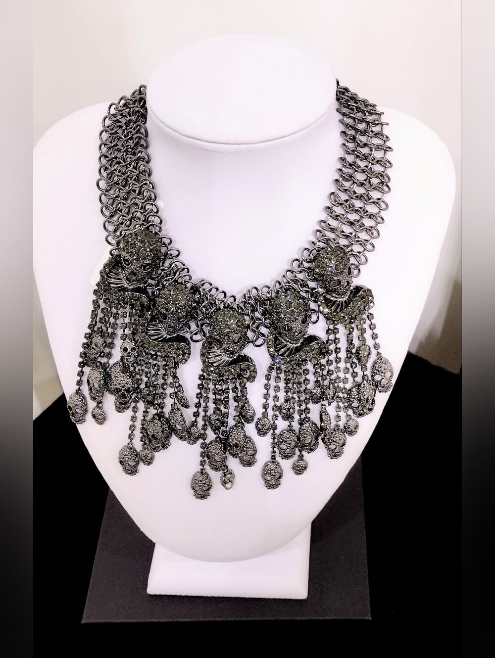 Zinc ALLOY Skulls Gunmetal Fringe Bib Necklace